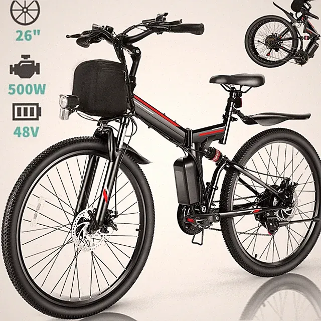 26" Electric Bike for Adults, Electric Mountain Bicycle 500W 48V Folding E-Bikes