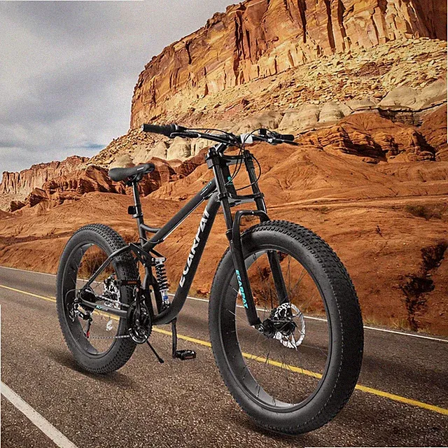 26 in Fat Tire MTB Bike Full-Suspension 21 Speeds Drivetrain w/ Disc-Brake Black
